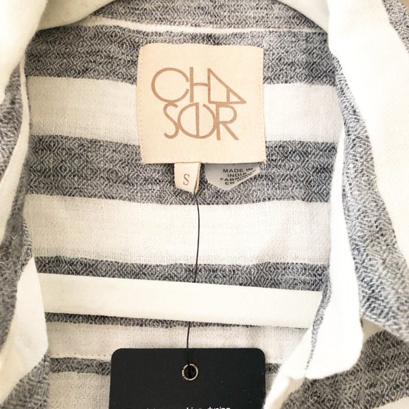 Chaser Striped Cotton Button Down Collared Shirt Grey White S NWT - Picture 5 of 11